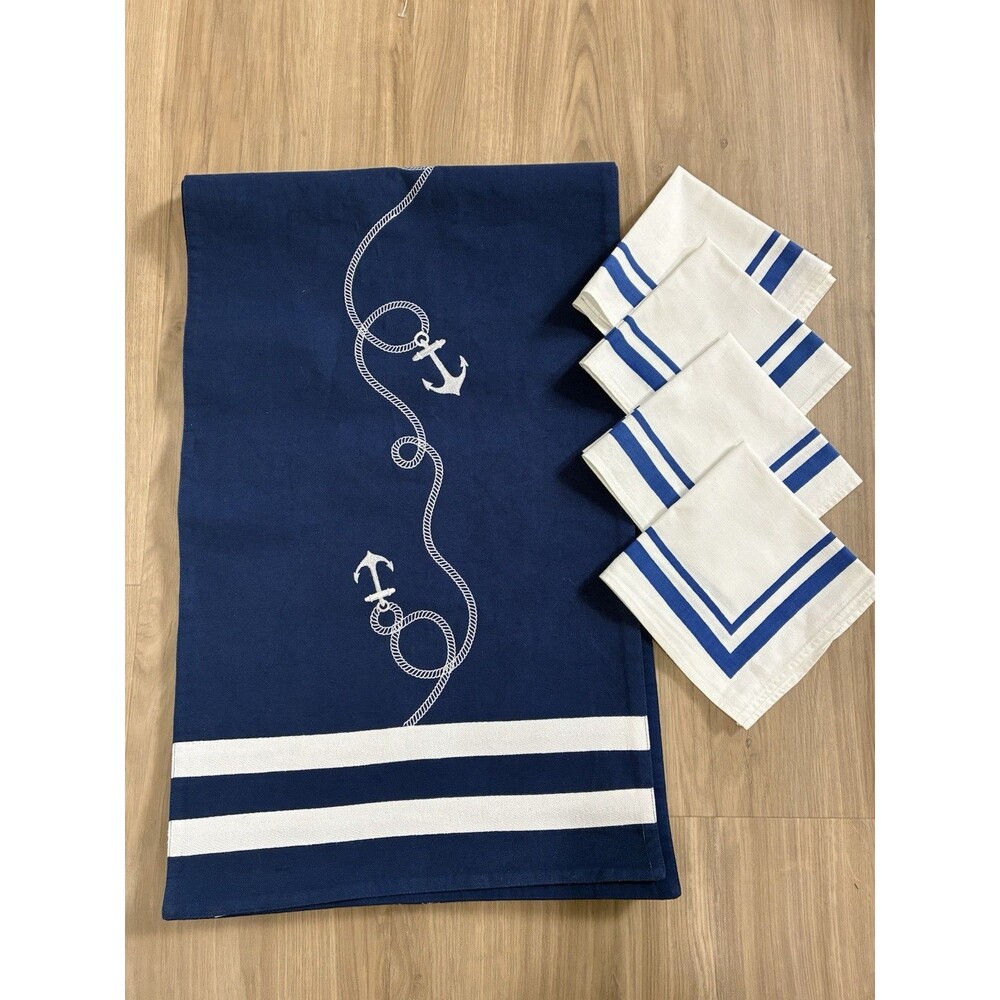 Sur La Table Table Runner + 4 Cloth Napkins Royal Blue & White Nautical Anchor ￼